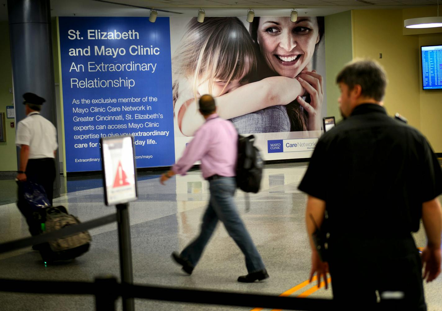 Mayo's partnership with a Kentucky hospital is prominently displayed at Cincinnati/Northern Kentucky International Airport.