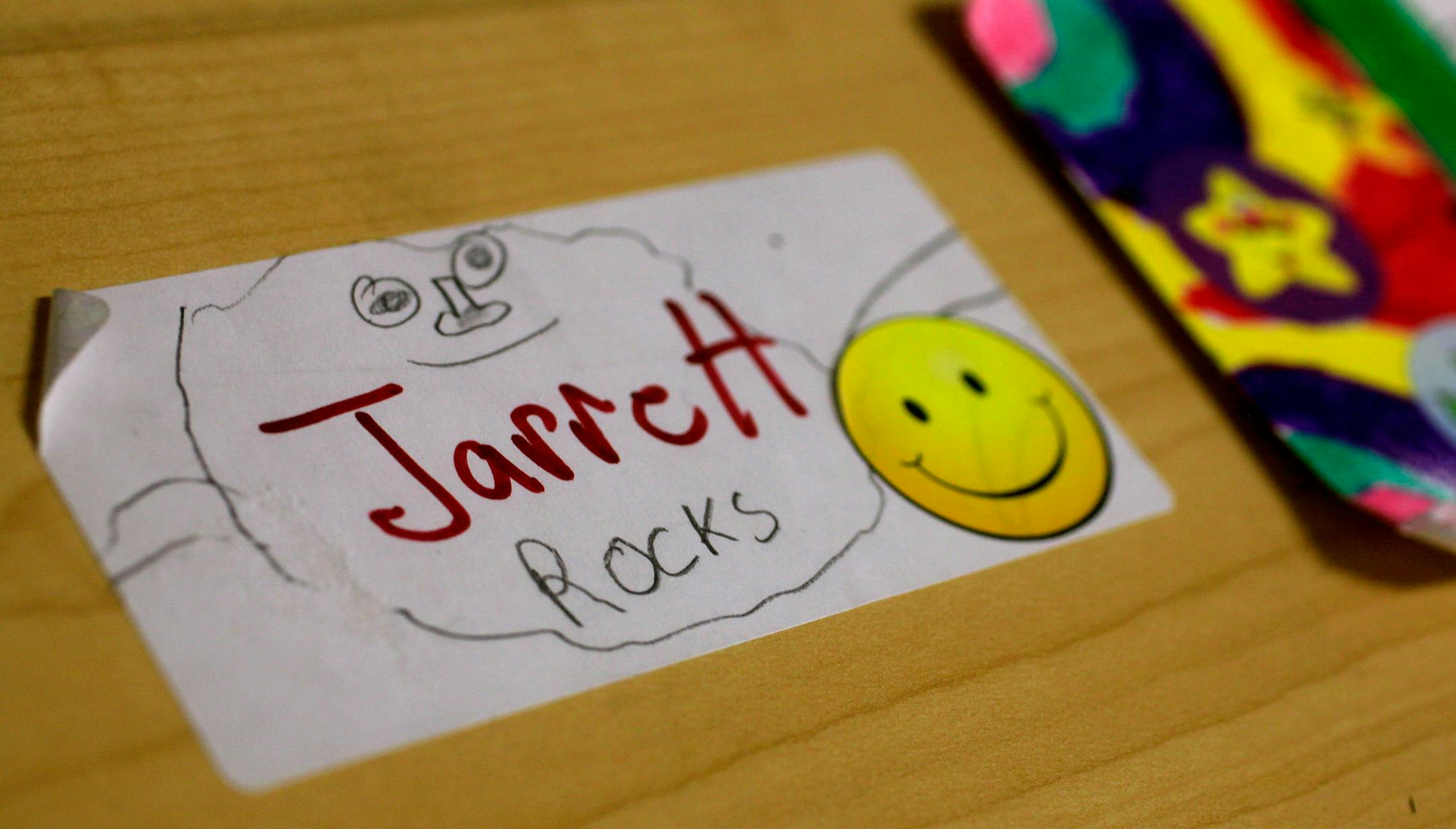 Jarrett Michie, 10, name tag on his desk in his 5th grade class at Diamond Path School in Apple Valley, MN on January 23, 2013.
