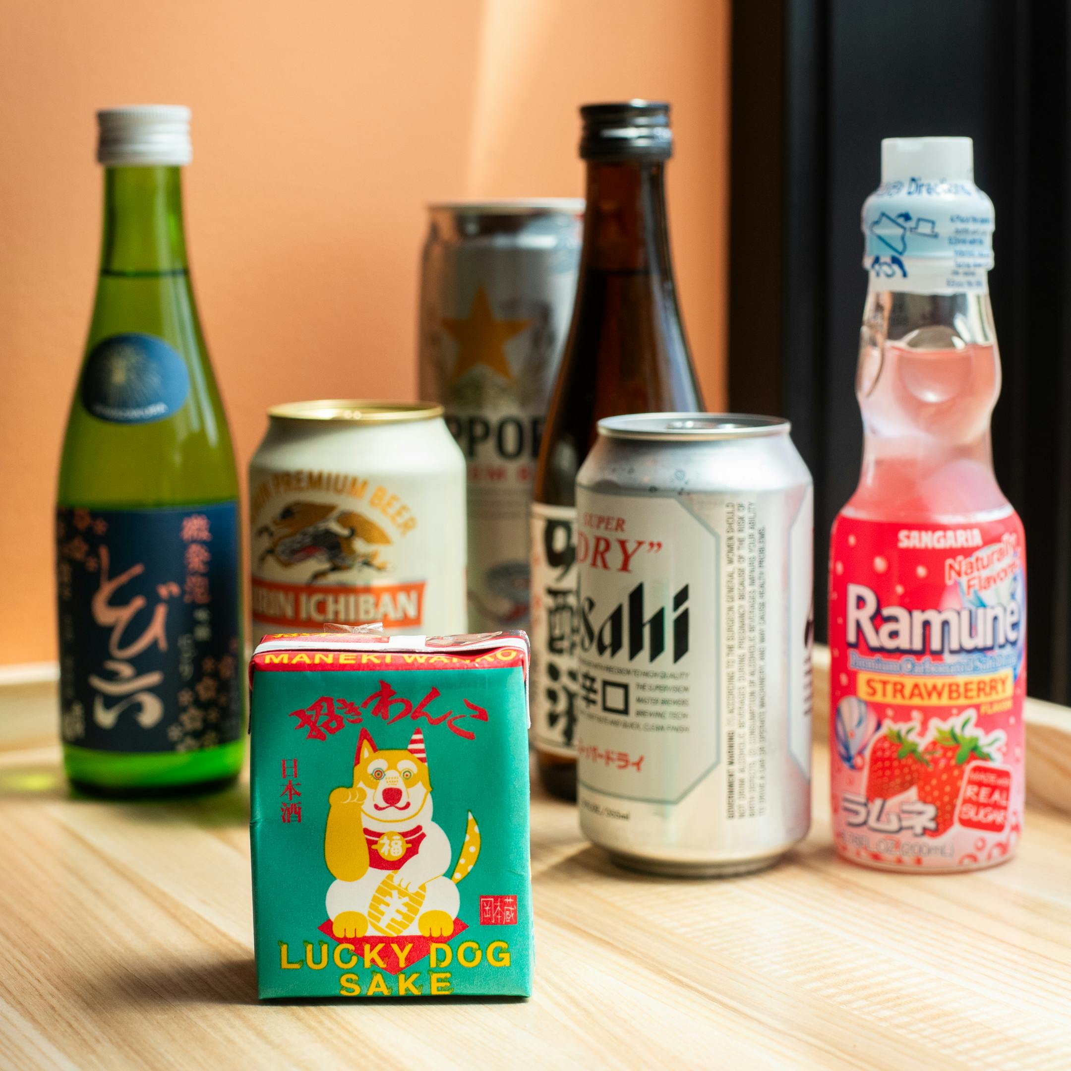 A selection of sake, beer and Japanese soda