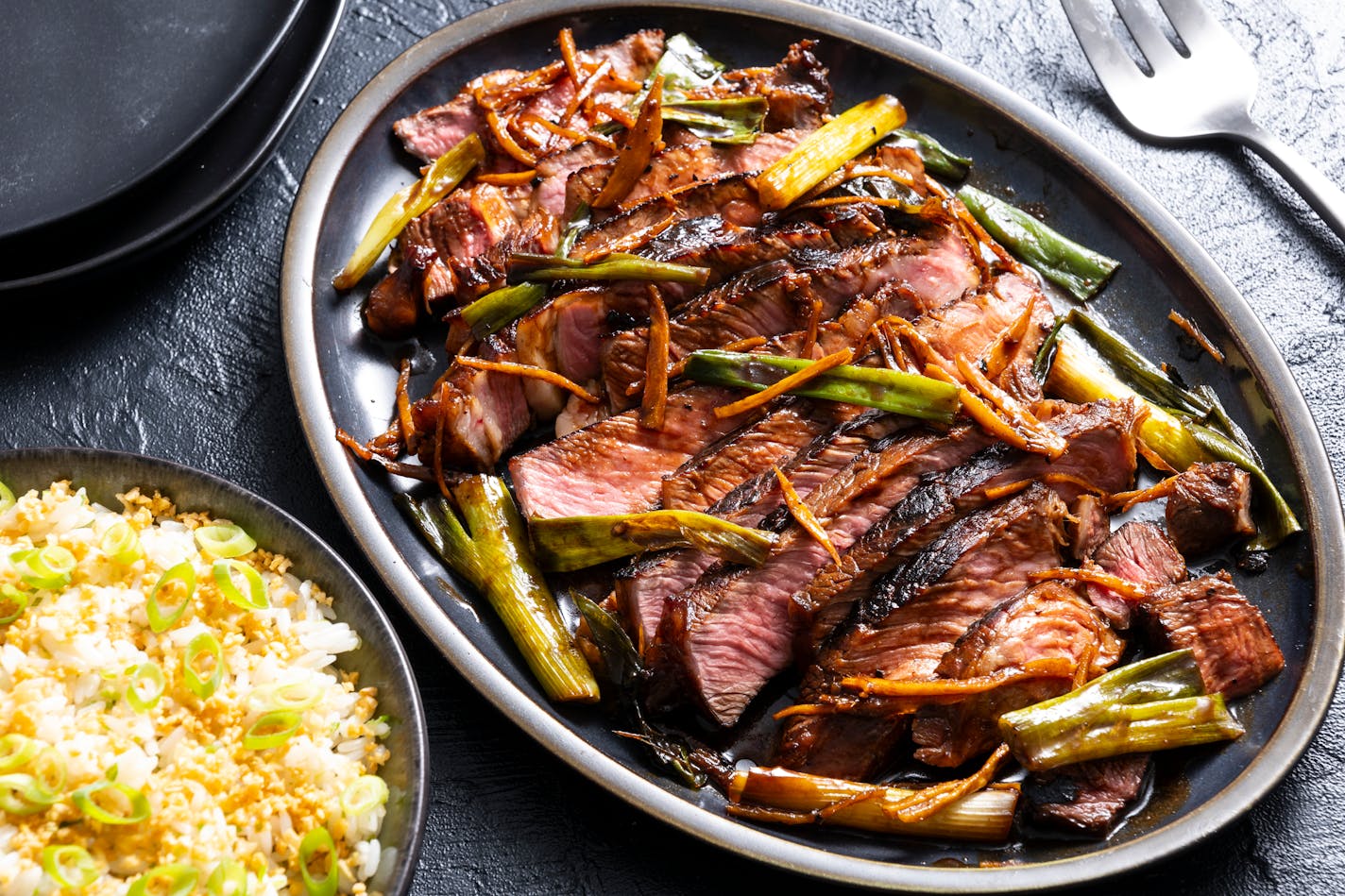 Teriyaki Rib-Eye Steak with Garlic Fried Rice on the side. MUST CREDIT: Photo by Scott Suchman for The Washington Post