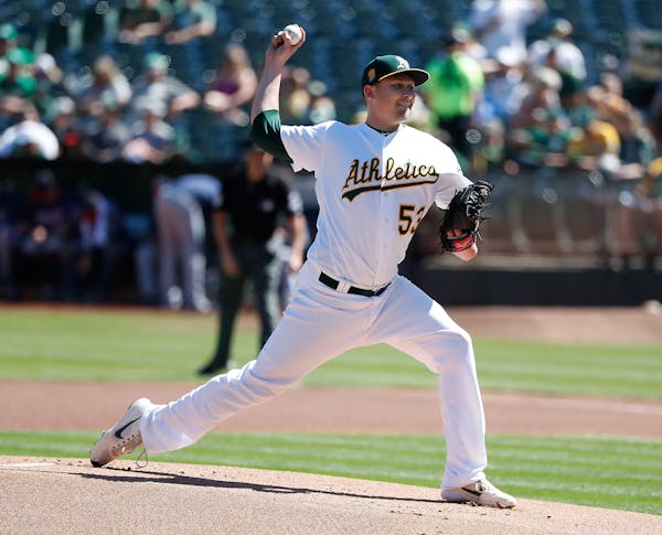 Oakland Athletics starting pitcher Trevor Cahill (53) throws against the Minnesota Twins during the first inning of a baseball game in Oakland, Calif.