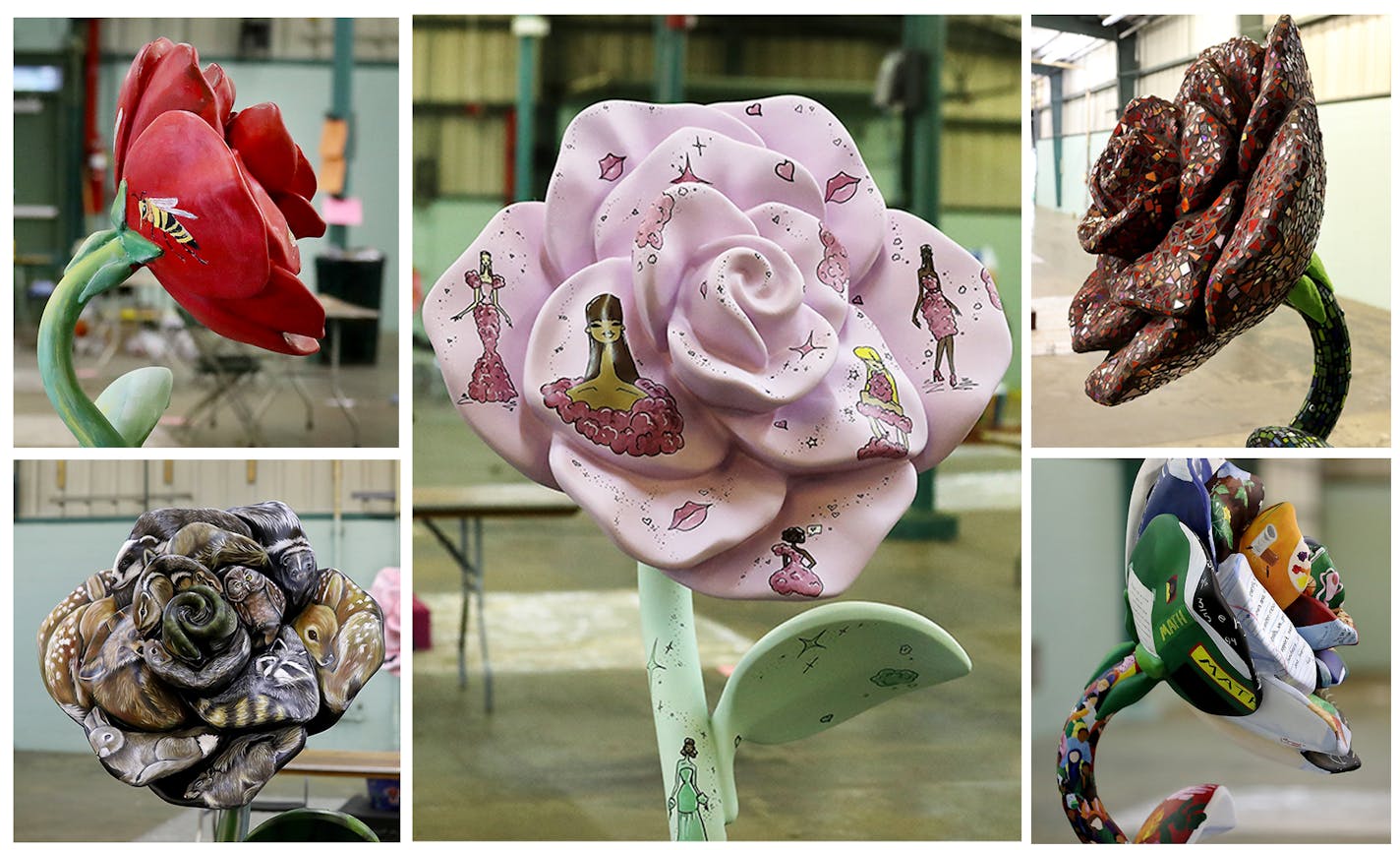 Roses on display include (clockwise, from left) "Busy as a Bee" by Jim Defeo, "Petals on the Runway" by Christopher Straub, "Bloom" by Erin Ward, "The Value of Education" by Cora Hays, and "Harmony in Nature" by Jill Osiecki.