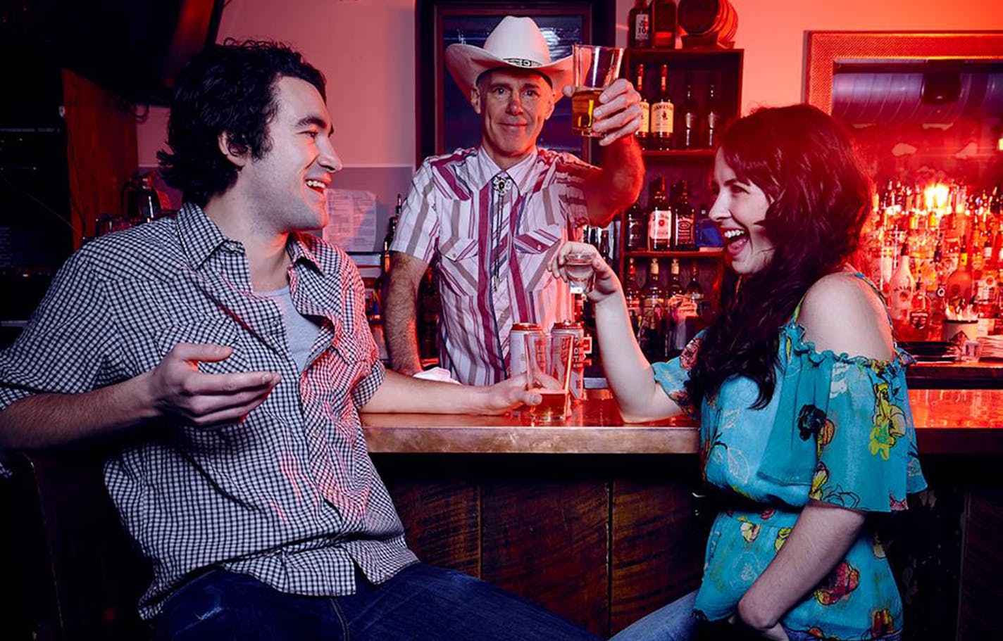 L-R: Nate Cheeseman (Drew), Terry Hempleman (Walter) and Christian Bardin (Jessica) in Jungle Theater's "Lone Star Spirits."
PHOTO CREDIT: William Clark