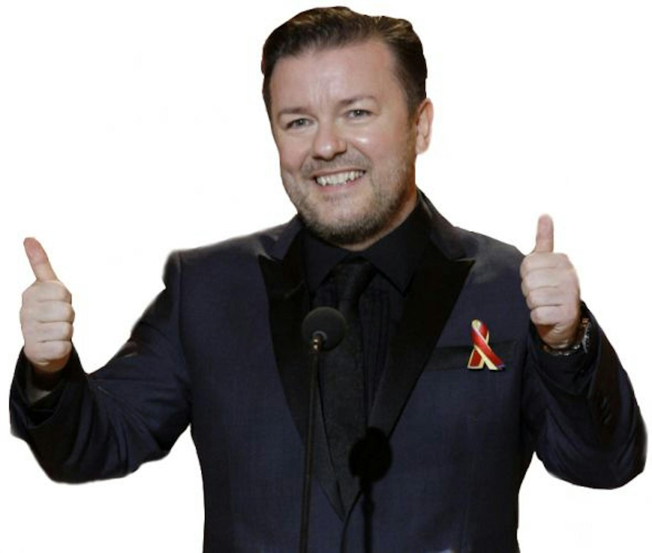 FILE - In this Jan. 17, 2010 file photo released by NBC, host Ricky Gervais gestures on stage during the 67th Annual Golden Globe Awards held at the Beverly Hilton Hotel.