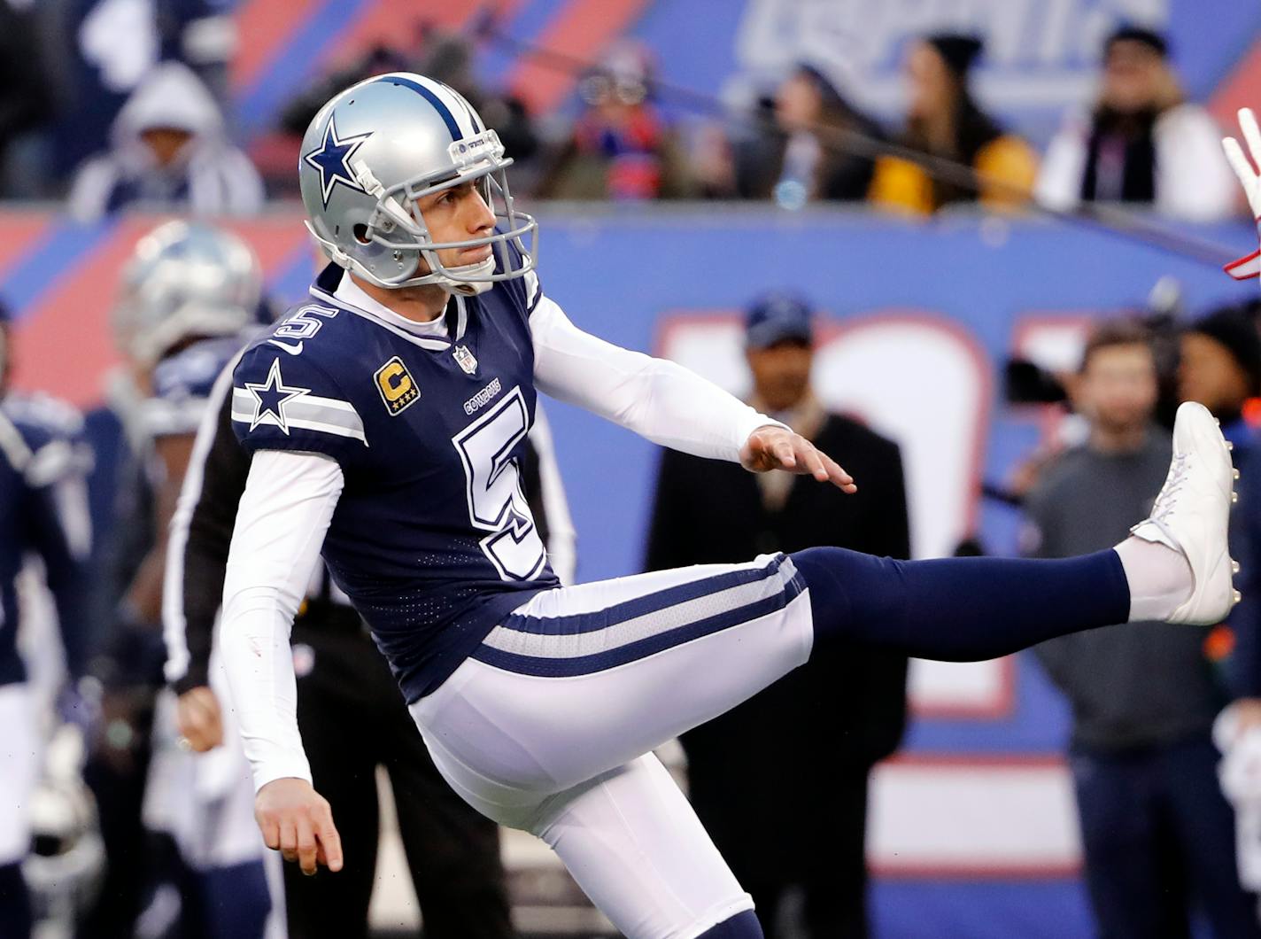 Dallas Cowboys kicker Dan Bailey kicks a field goal during an NFL football game against the New York Giants at MetLife Stadium in East Rutherford, NJ, Sunday, Dec. 10, 2017. (Winslow Townson/AP Images for Panini)