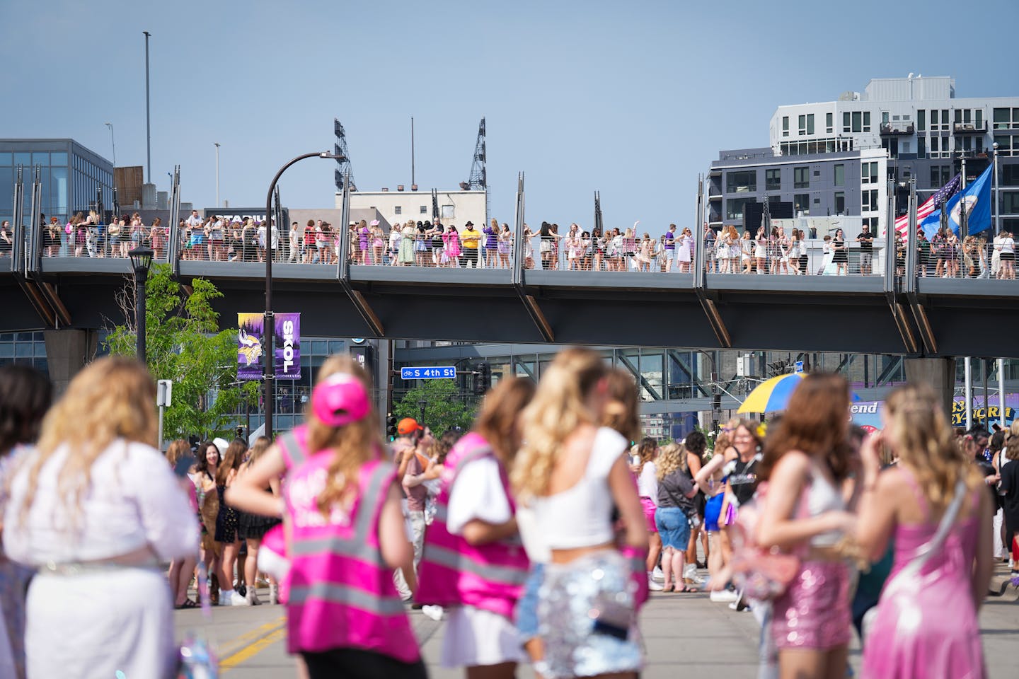Fans wait for doors to open for the first of two Taylor Swift concerts at U.S. Bank Stadium in Minneapolis on June 23, 2023.