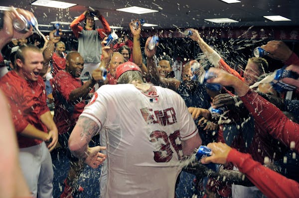 Los Angeles Angels starting pitcher Jered Weaver is doused by teammates after pitching a a no-hitter in their baseball game against the Minnesota Twin