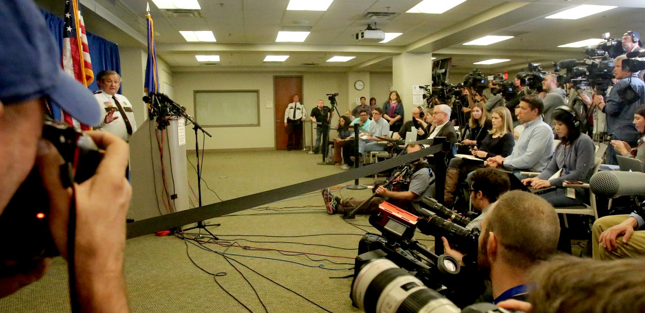 Carver County Sheriff Jim Olson, at podium, answers question at a press conference on circumstances surrounding the death of music icon Prince Rogers Nelson on Thursday at the Carver County Justice Center Friday, April 22, 2016, in Chaska, MN. No new details were given during the press conference.