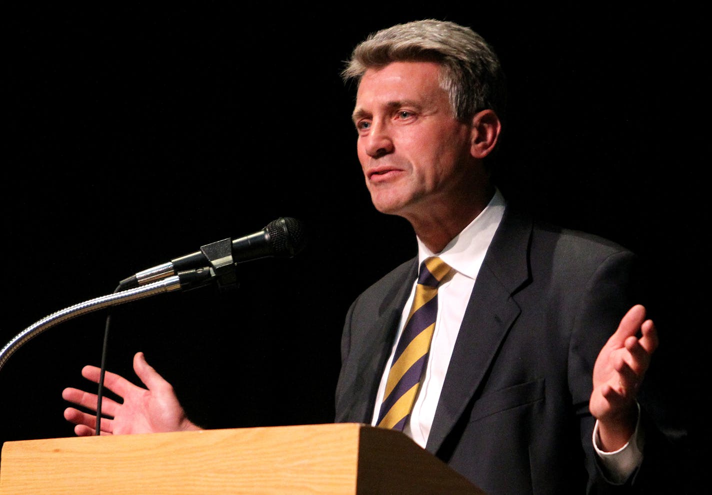 In this 2013 file photo, Minneapolis Mayor R.T. Rybak spoke to police recruits at DeLaSalle High School in Minneapolis.