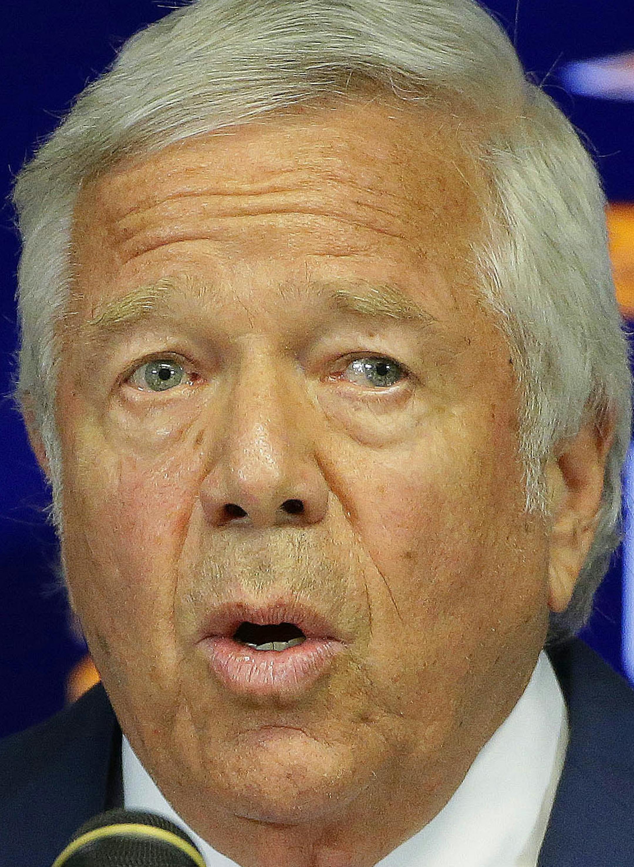 New England Patriots owner Robert Kraft addresses a room full of reporters to make a statement condemning NFL Commissioner Roger Goodell's action upholding New England Patriots quarterback Tom Brady's four game "Deflategate" suspension during an NFL football training camp media availability at the team's facility Wednesday, July 29, 2015, in Foxborough, Mass. (AP Photo/Stephan Savoia)