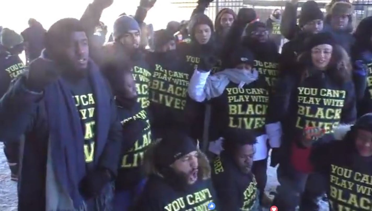 Activist groups protest against police brutality, corporate greed and racism to downtown Minneapolis before kickoff of the Super Bowl.