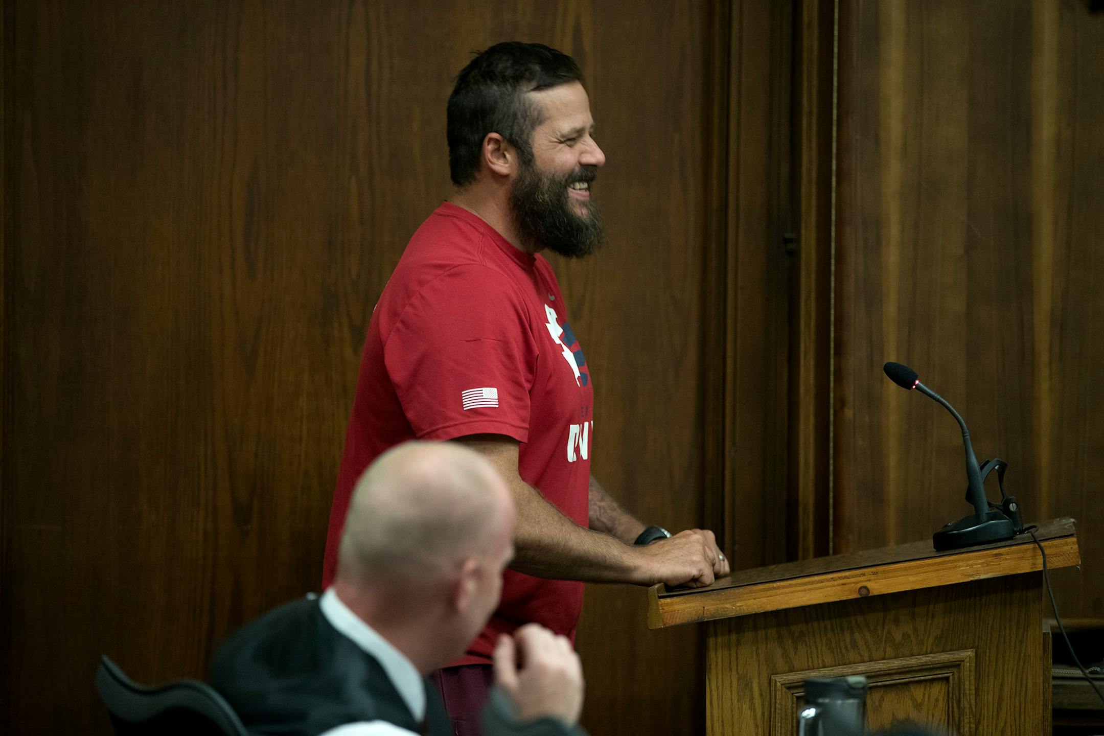 Defendant David Hicks was all smiles as he checked in with a parole officer and Duluth Judge Shaun Floerke during DWI court, Friday, August 11, 2017 in Duluth, MN.