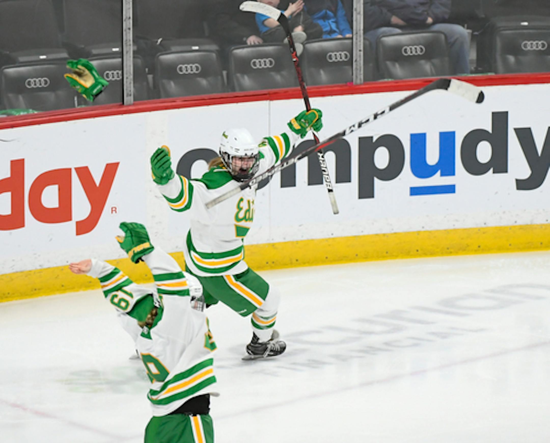Edina forward Tella Jungels (19) and forward Olivia Swaim (4) celebrated their 2A championship victory over Brainerd / Little Falls after Swaim's goal in 2OT.   ]   Aaron Lavinsky ¥ aaron.lavinsky@startribune.com