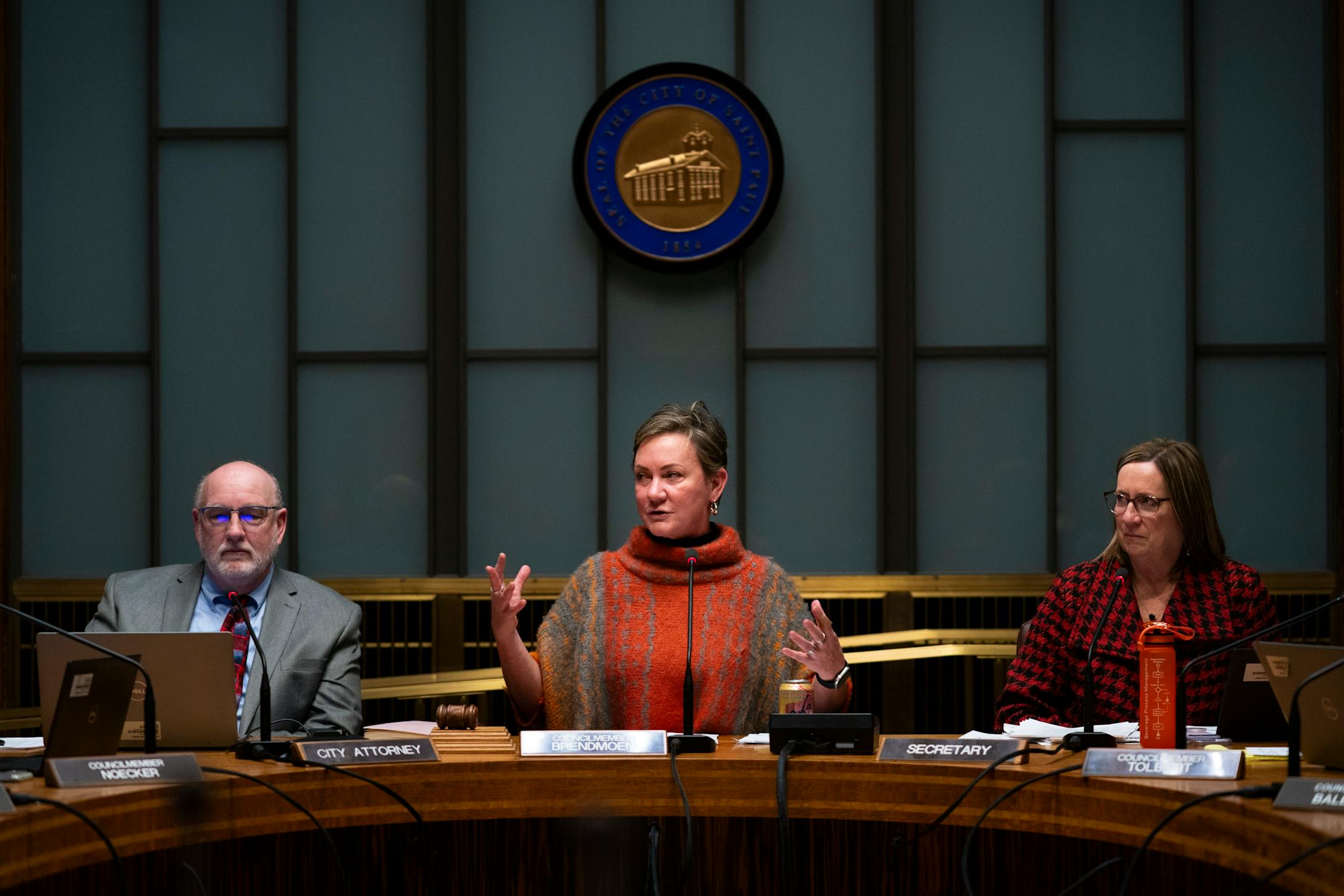 Council President Amy Brendmoen speaks to her council at the St. Paul City Council meeting in Minn. on Wednesday, Dec. 6, 2023. In this meeting, the council amended and approved the 2024 city budget after over four months of discussion. ] Angelina Katsanis • angelina.katsanis@startribune.com