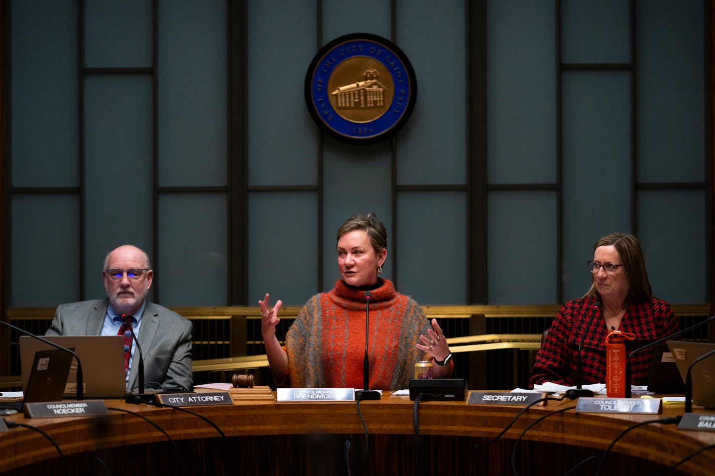 Council President Amy Brendmoen speaks to her council at the St. Paul City Council meeting in Minn. on Wednesday, Dec. 6, 2023. In this meeting, the council amended and approved the 2024 city budget after over four months of discussion. ] Angelina Katsanis • angelina.katsanis@startribune.com