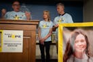 MJ Weiss and her fiancé Dale Blair listen as Erich Mische of Suicide Awareness Voices of Education speaks at a State Capitol news conference last mon