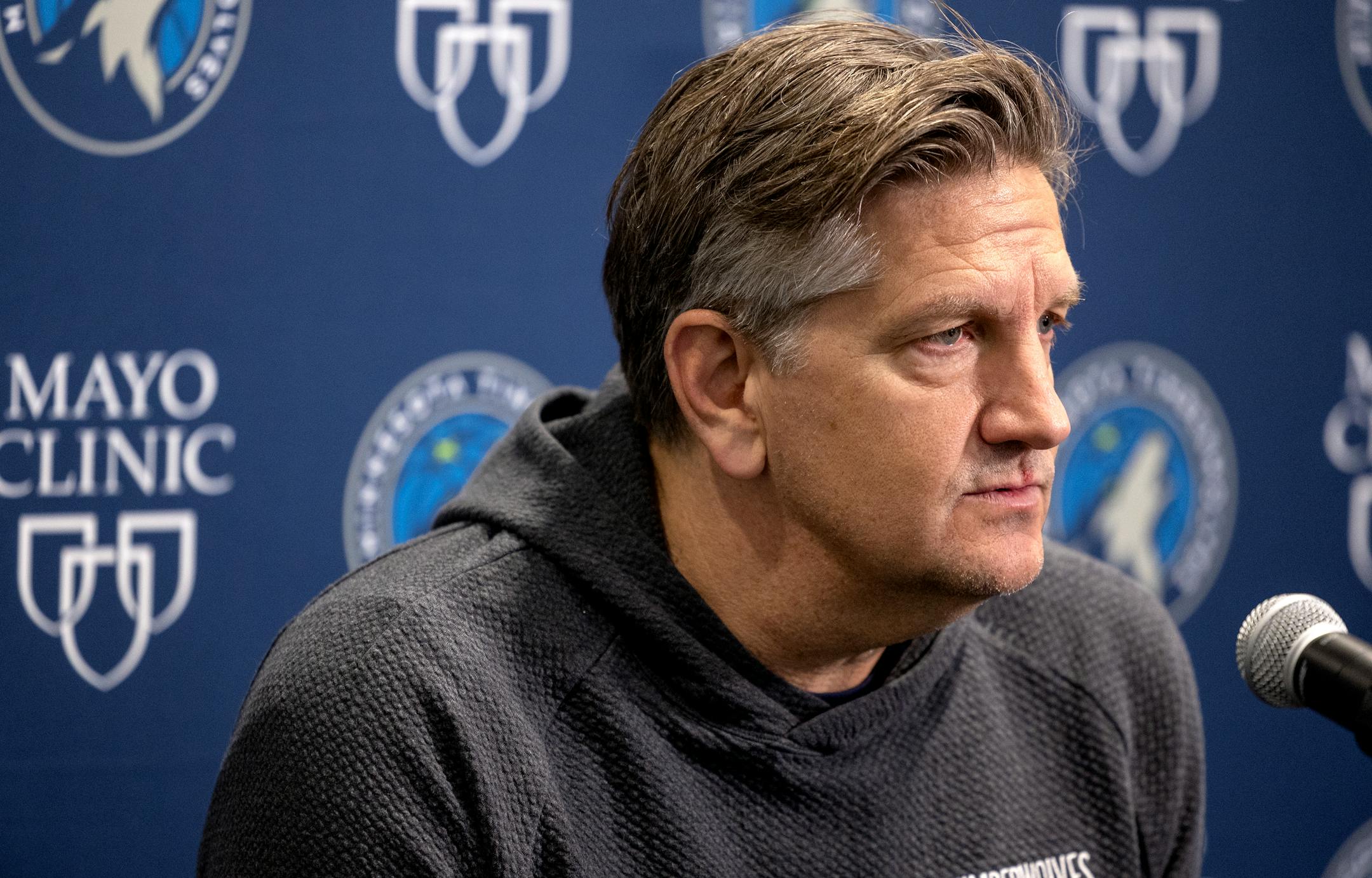 Minnesota Timberwolves head coach Chris Finch attends an end of season press conference.