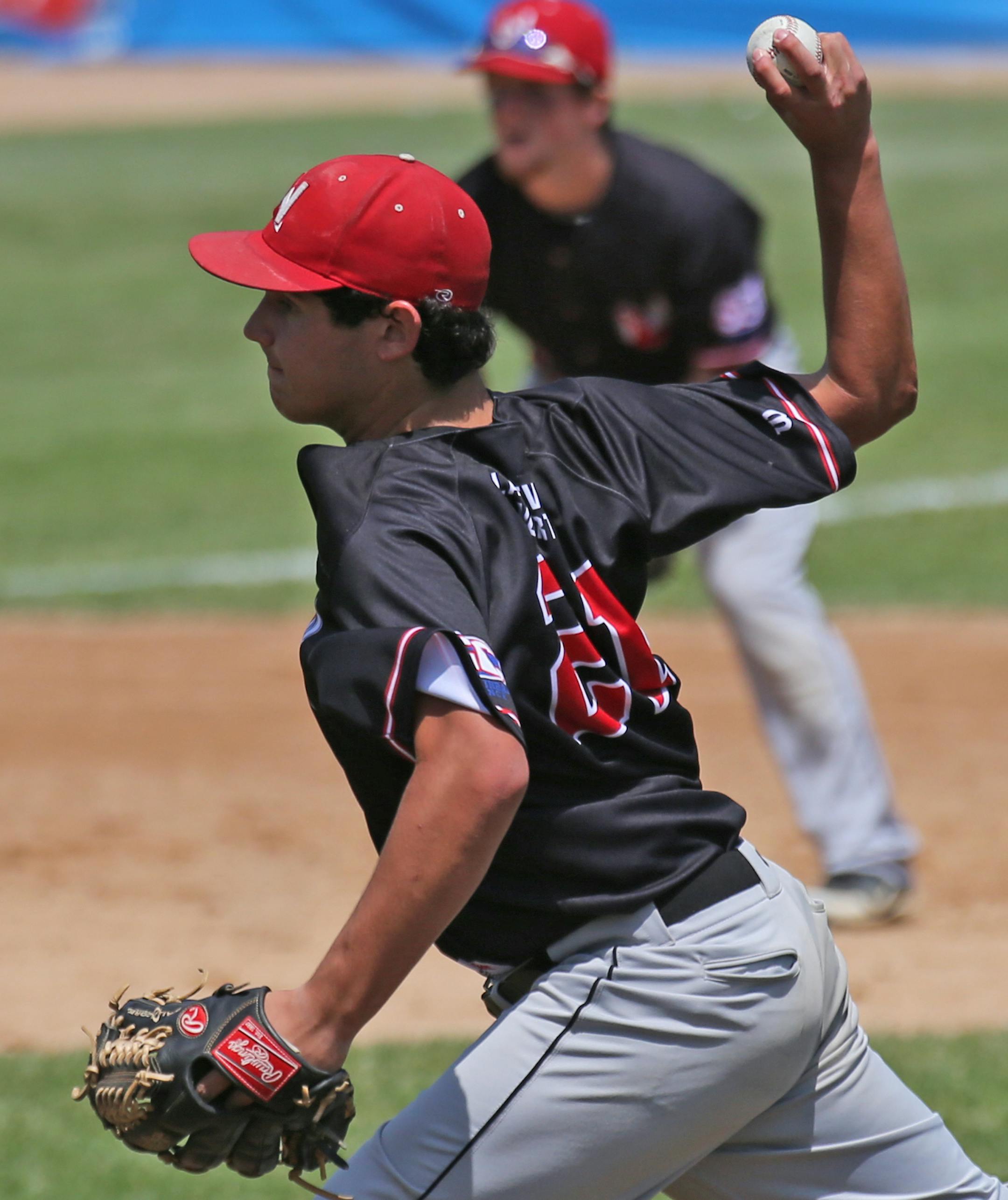 Lakeville North's Nick Dorfman pitched to Mounds View in early innings.] Class 3A semifinals, Boys State Baseball Tournament, Midway Stadium, ST. Paul, MN., 6/13/14. Bruce Bisping/Star Tribune bbisping@startribune.com Nick Dorfman/roster.
