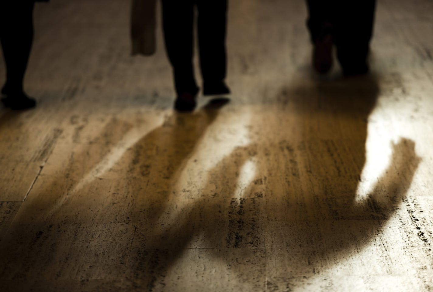 Long shadows of unrecognizable business travelers during their daily commute.