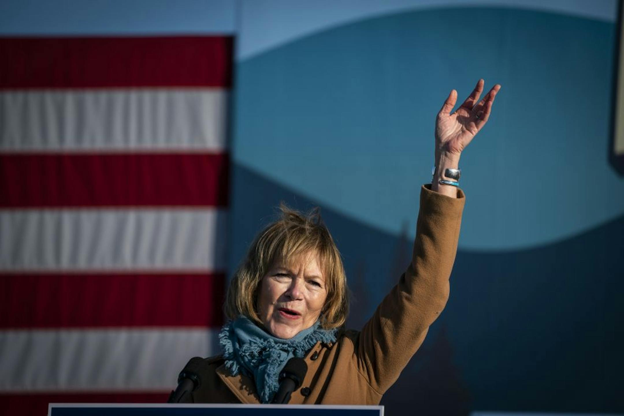 Senator Tina Smith spoke before Former Vice President Joe Biden during a drive-in campaign event in Falcon Heights.