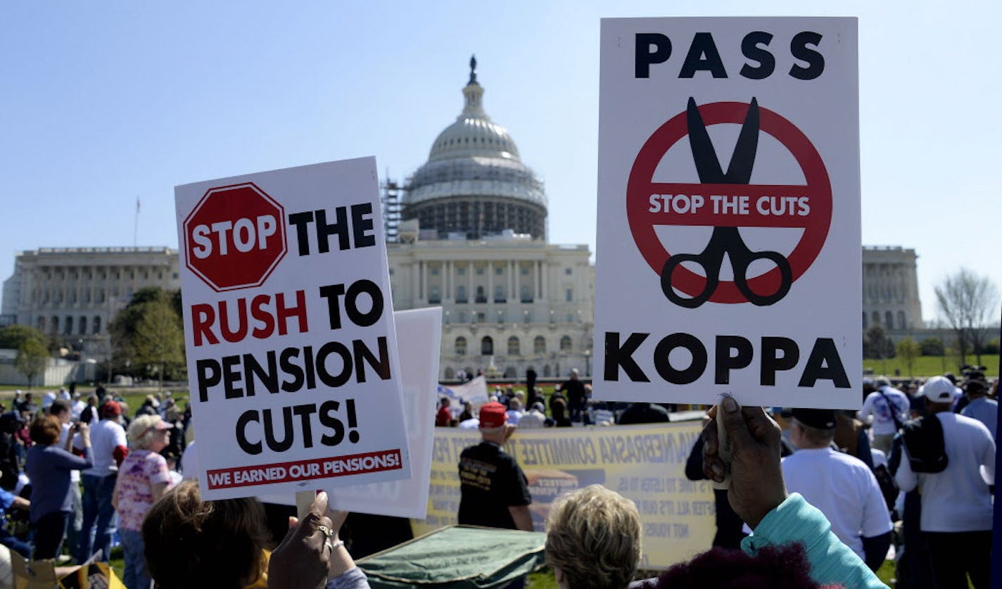 Teamsters Union retirees rallied in front of the U.S. Capitol in Washington, D.C., in April to protest proposed pension cuts.