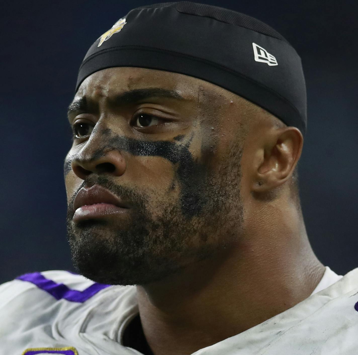 FILE - In this Nov. 23, 2017, file photo, Minnesota Vikings defensive end Everson Griffen (97) stands on the sidelines during an NFL football game against the Detroit Lions, in Detroit. Griffen was only a part-time player for his first four seasons in the league. The last four years, he's become a workhorse defensive end for the Minnesota Vikings and one of the most effective pass rushers in the league. (AP Photo/Jeff Haynes, File)