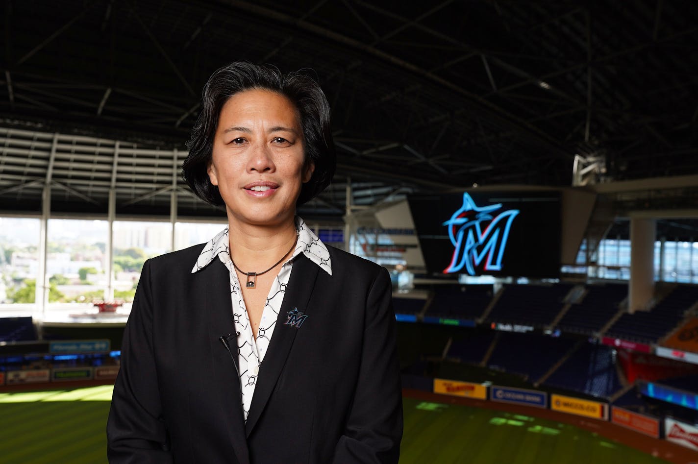 New Miami Marlins general manager Kim Ng poses for a photo at Marlins Park