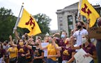 Gophers student athletes sang the Minnesota Rouser after concluding a march and protest against plans by the university to cut men's sports last month