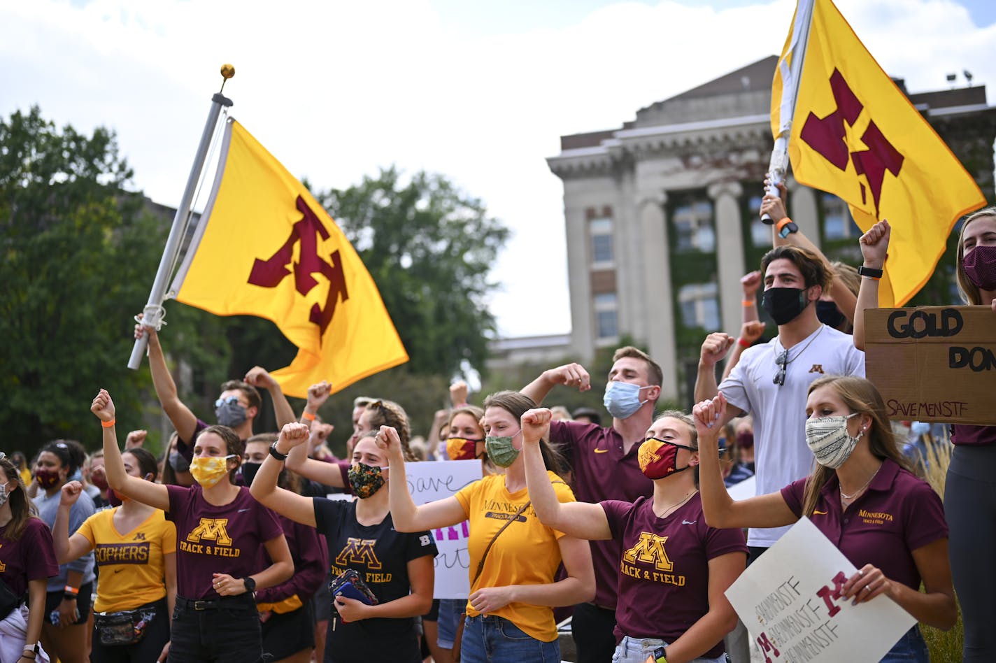 Gophers student athletes sang the Minnesota Rouser after concluding a march and protest against plans by the university to cut men's sports last month.