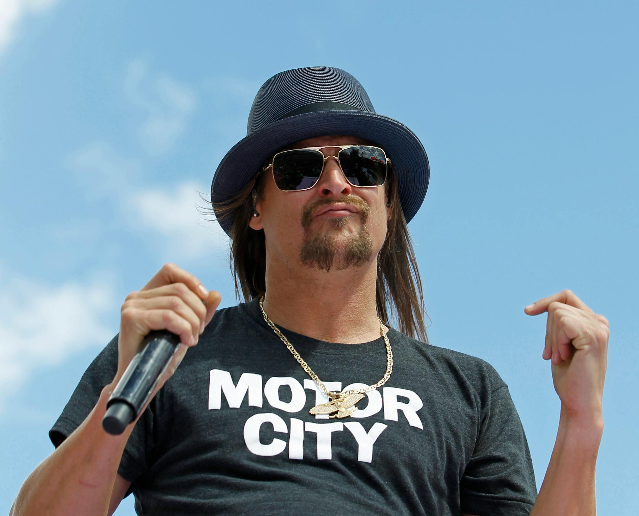 FILE - In this Feb. 22, 2015 file photo, Kid Rock performs at Daytona International Speedway in Daytona Beach, Fla. Kid Rock, who has been teasing the public about a run for the U.S. Senate in Michigan, said Tuesday, Oct. 24, 2017, during a radio interview that he is not running for the Senate. (AP Photo/Terry Renna, File)