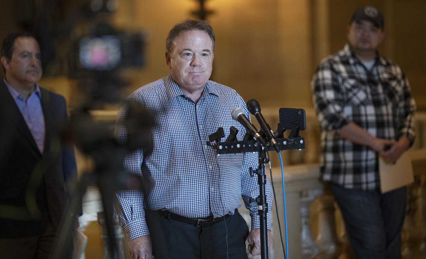 Mike Jennings owner of Scoreboard Bar and Grill spoke during a news conference at the State Capitol. Republican Rep. Jon Koznick spoke on behalf of restaurant owners being allowed to sale wine and beer during food order takeout sales Monday April 13, 2020 in St. Paul, MN.