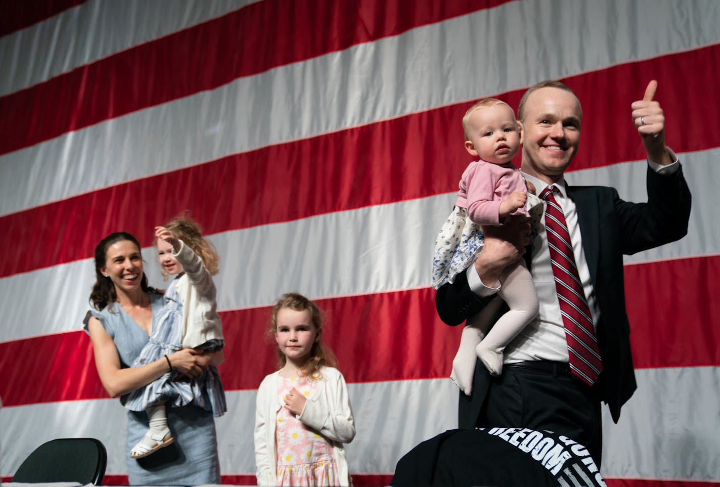 GOP attorney general candidate Jim Schultz left the stage with his wife, Molly, and their children, Friday, May 13, 2022 Rochester, First day of the Minnesota State Republican Convention in the Mayo Civic Center ] GLEN STUBBE • glen.stubbe@startribune.com