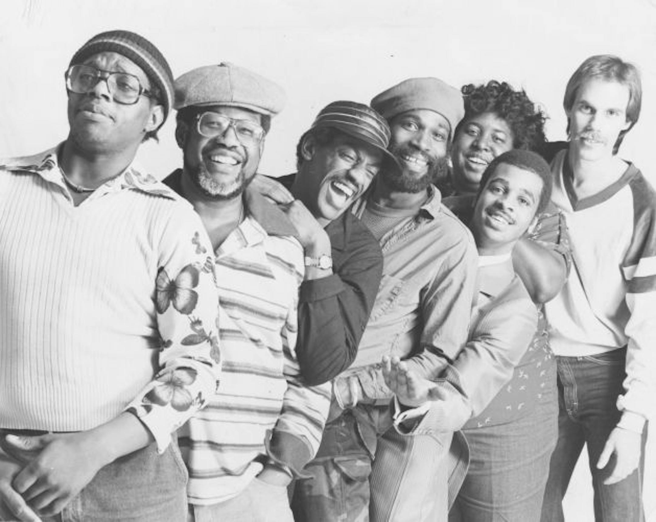 Shangoya band, left to right-Wayne McFarlane, Cliff Alexis, Chicco Edner, band leader Peter Nelson, Cheryl Davidson, Aaron Jenkins and Steve Scott.