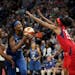The Lynx's Sylvia Fowles drives on the Washington Mystics' Latoya Sanders during the first half of a game last August.
