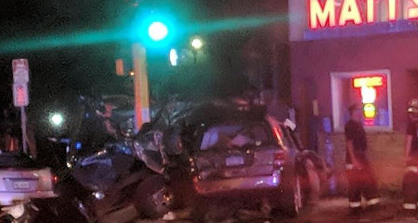 Multiple vehicles were damaged in this crash early Sunday outside Matt's Bar and Grill in south Minneapolis.