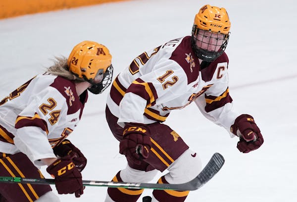 Gophers forward Grace Zumwinkle (12), above from a past season, had two goals as Minnesota routed Bemidji State 7-0 on Friday.