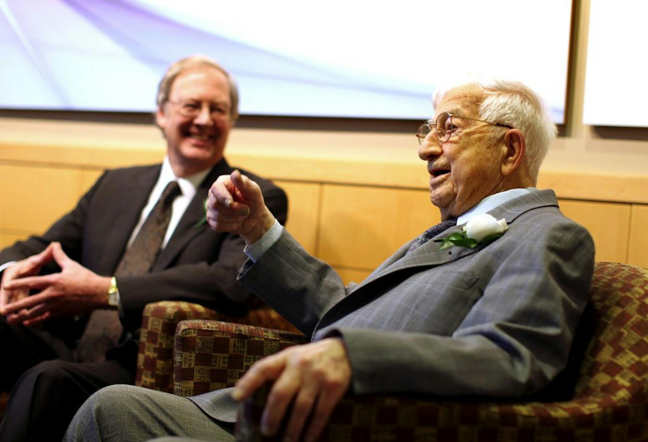 Edward Papelian, right, of Novi, MI, and Dr. John Heiser of Grand Rapids were special guests to the Medtronic Holiday Party on December. 16, 2011. Papelian, 94, received an aortic valve replacement as part of the Medtronic CoreValve� U.S. Pivotal Trial. Dr. Heiser performed the procedure in September of this year, and Papelian credits him with saving his life.
