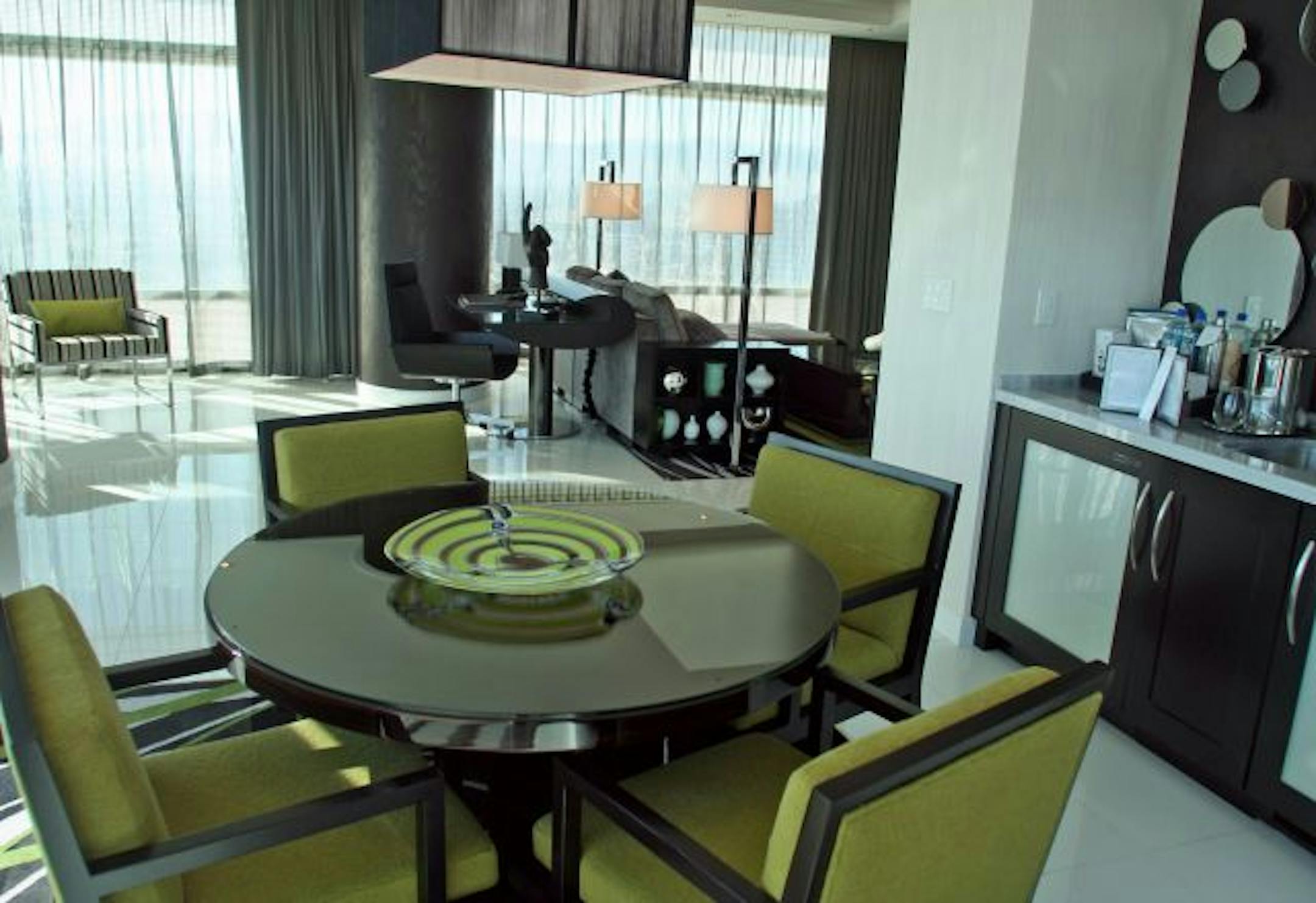 A suite at Aria Resort & Casino features a contemporary decorating scheme.