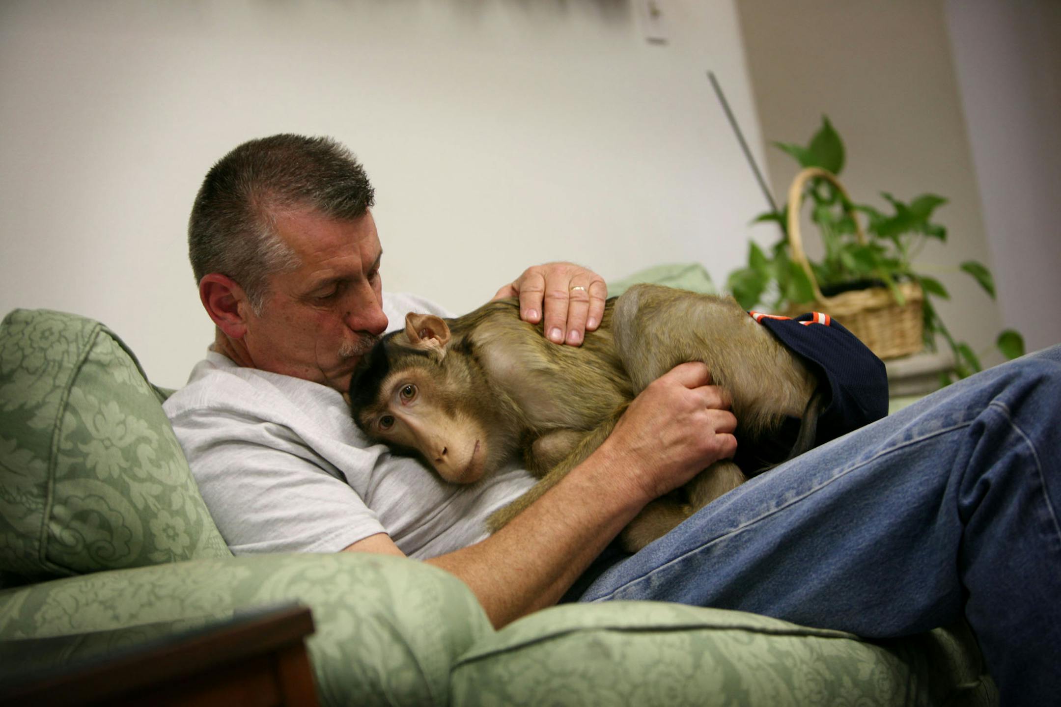 Roy Carlson embraced his pigtail macaque, Mike. For the last ten years Mike has been a huge part of Roy's life by traveling with him.