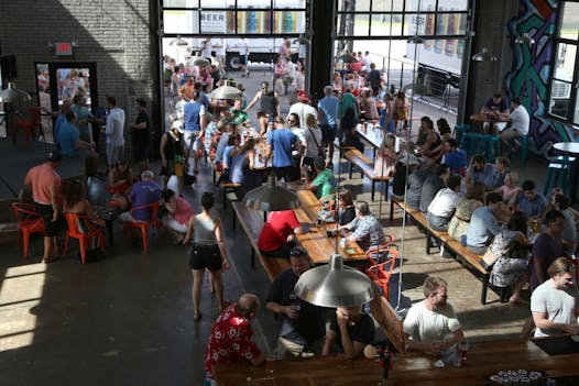 The taproom at Bauhaus Brewery in Minneapolis leads to an outdoor patio.