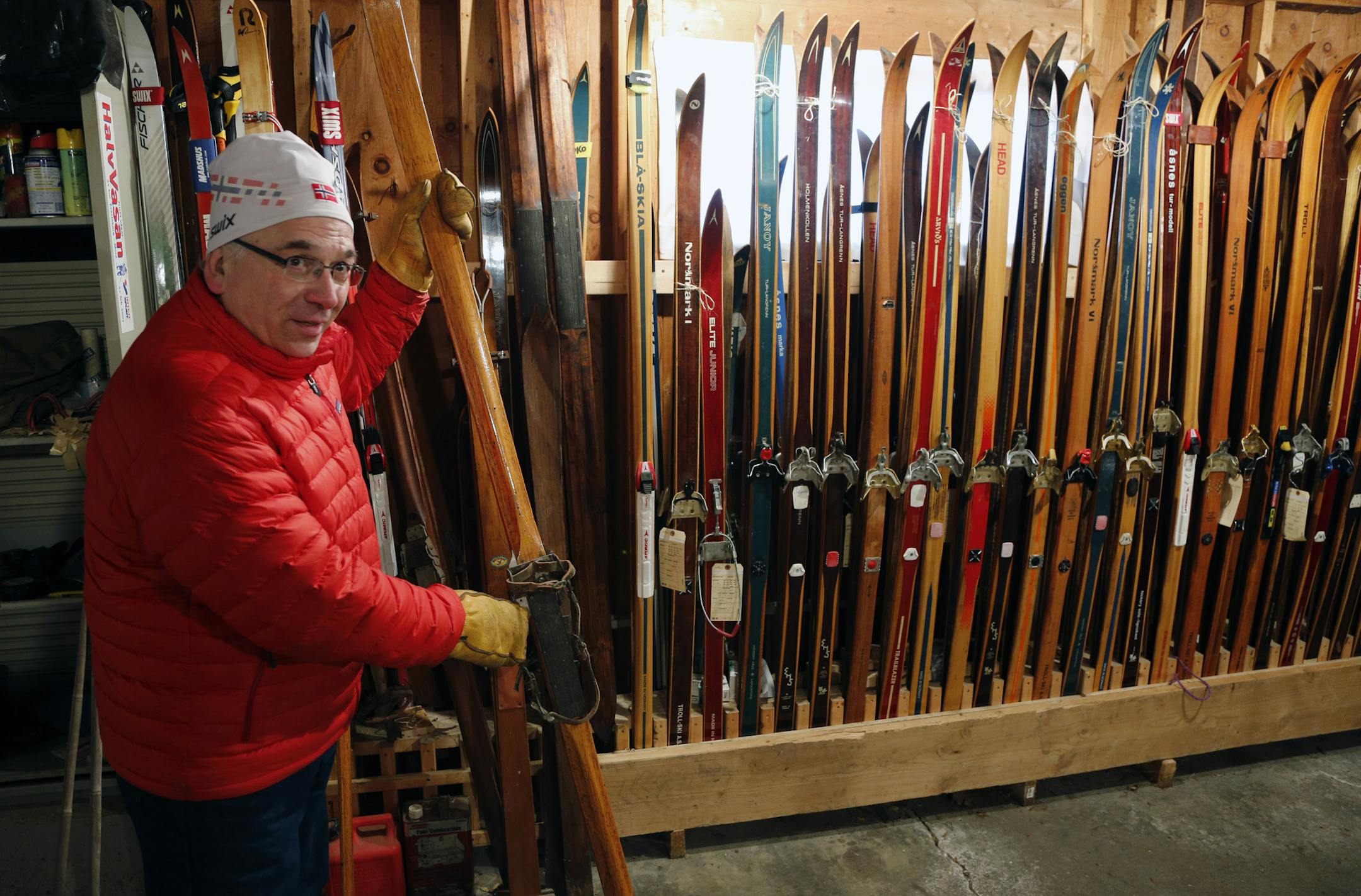 Greg Fangel buys, sells and collects vintage wooden skis, he now has quite a collection in his garage. ] BRIAN PETERSON • brian.peterson@startribune.com White Bear Lake, MN 01/02/15