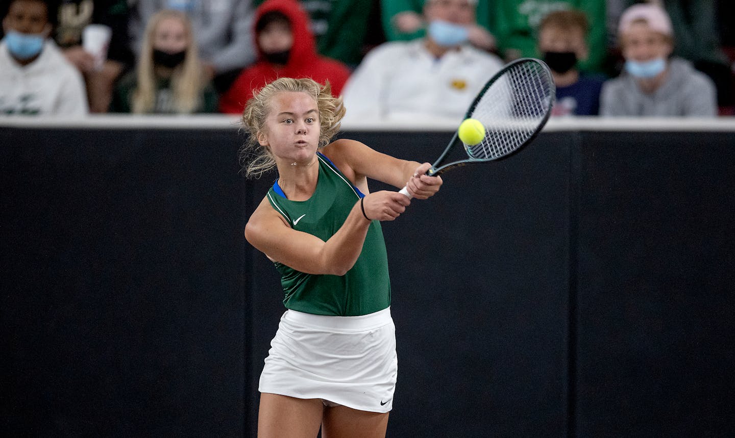 Mounds View's Molly Austin took on Elk River's Ava Nelson in the Class 2A quarterfinals of the girls' tennis state tournament at the Baseline Tennis Center, Tuesday, October 26, 2021 in Minneapolis, MN. Nelson went on to win the singles match-up 6-2, 6-4. ] ELIZABETH FLORES • liz.flores@startribune.com