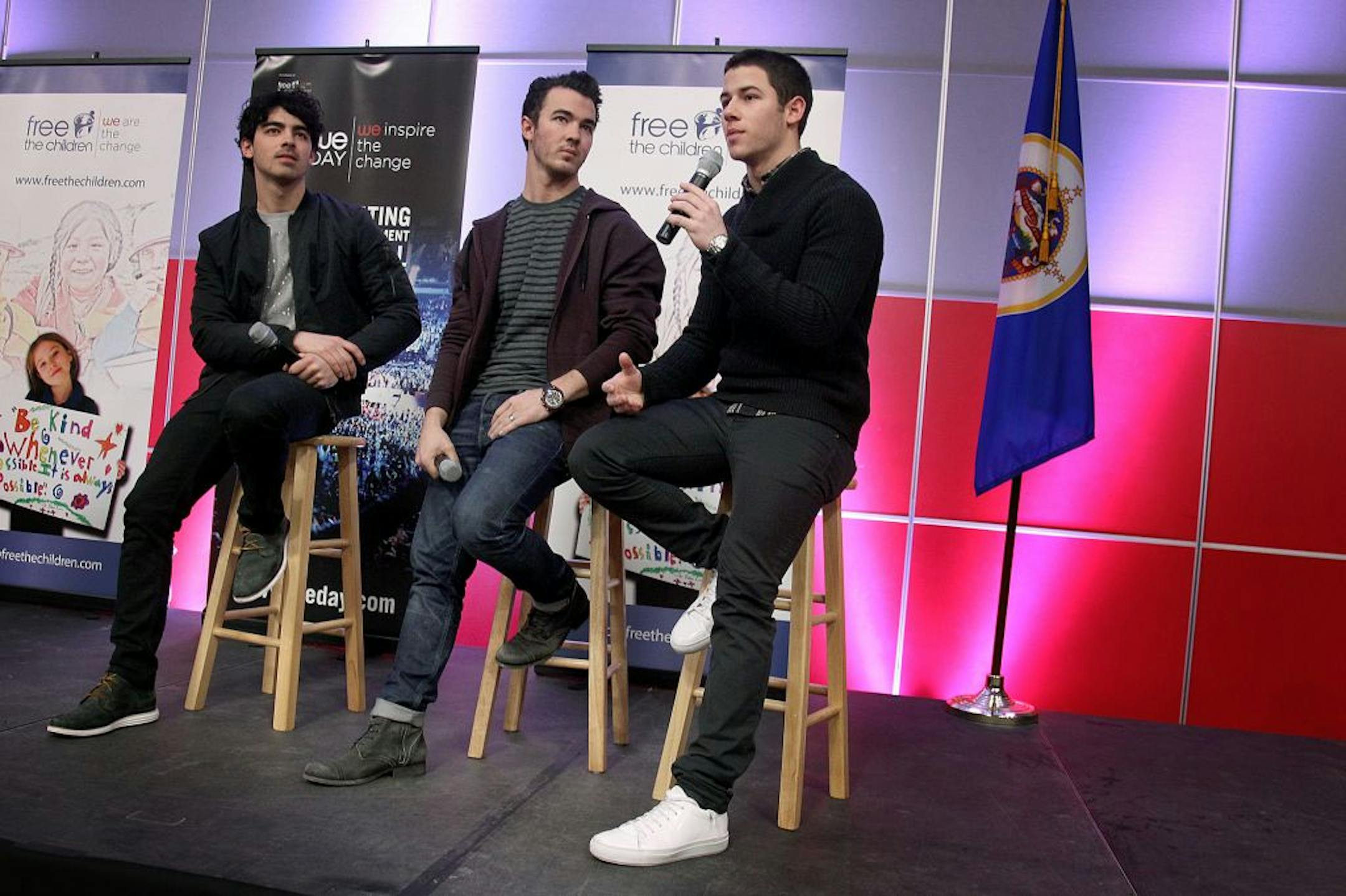 Grammy-nominated, multi-platinum trio the Jonas Brothers made a surprise visit to a gym full of local high school students who are participating in We Day at Patrick Henry High School, Wednesday, February 6, 2013.