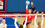 Benilde-St. Margaret's outside hitter Maizy Jackson, elevating for a kill attempt against Orono, had 133 kills, 52 digs, 14 blocks and a hitting effic