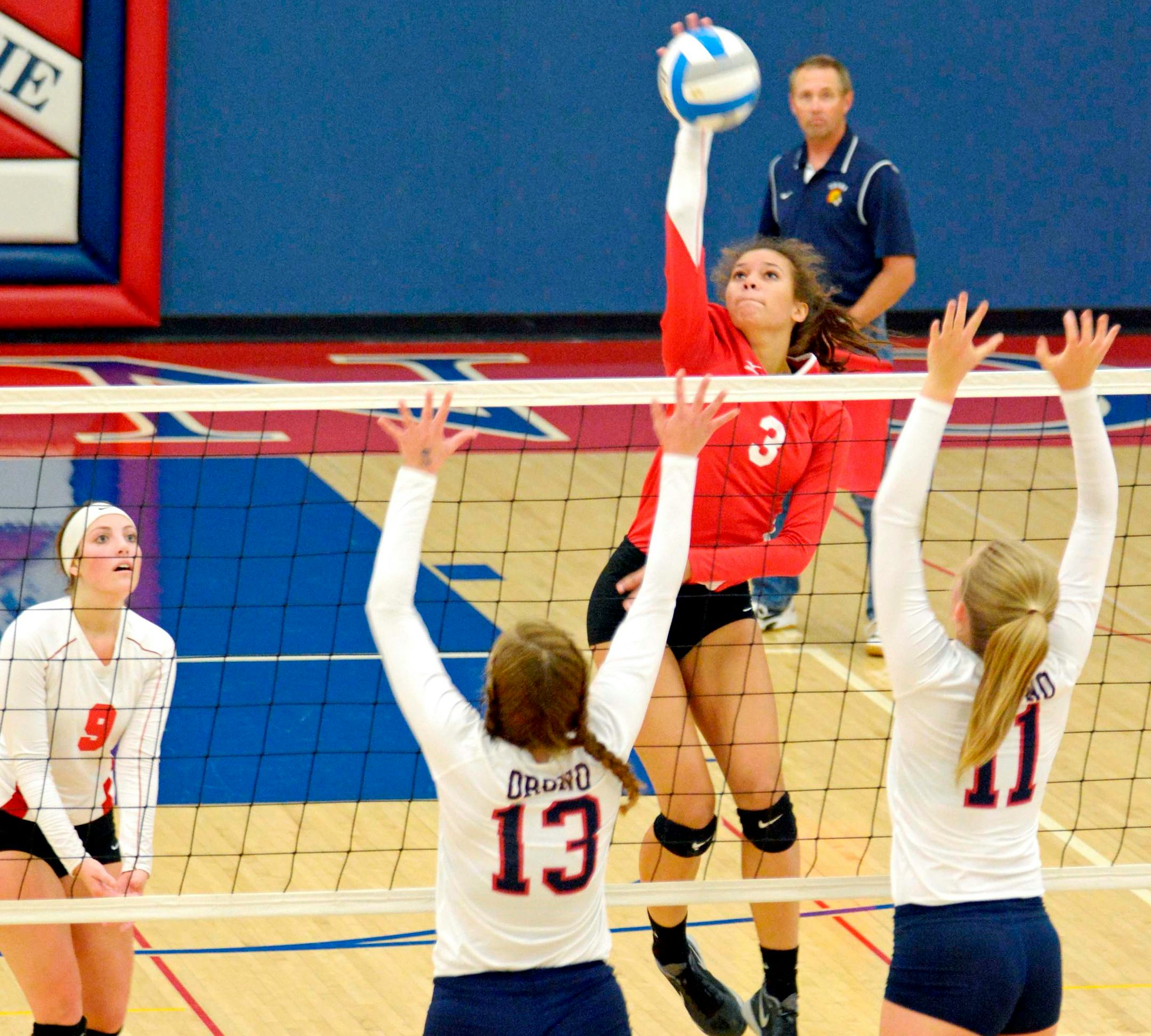 Benilde-St. Margaret's outside hitter Maizy Jackson, elevating for a kill attempt against Orono, had 133 kills, 52 digs, 14 blocks and a hitting efficiency of .302 in a recent stretch in which the Red Knights won 11 of 12 matches and two tournament championships.