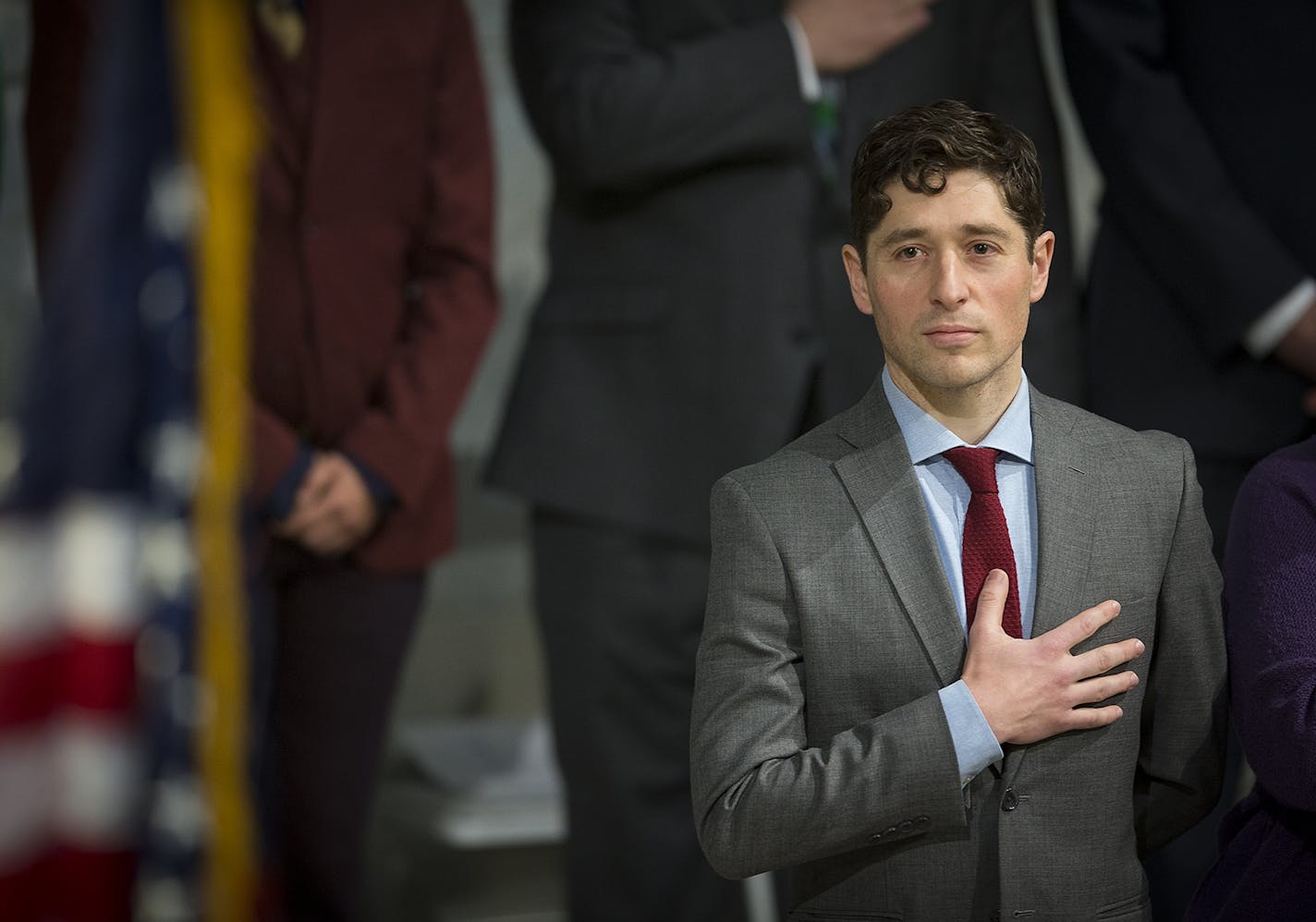 Minneapolis Mayor Jacob Frey and City Council members stood for the National Anthem as they celebrated their inauguration with a public swearing-in ceremony in the City Hall rotunda, Monday, January 8, 2018 in Minneapolis, MN.