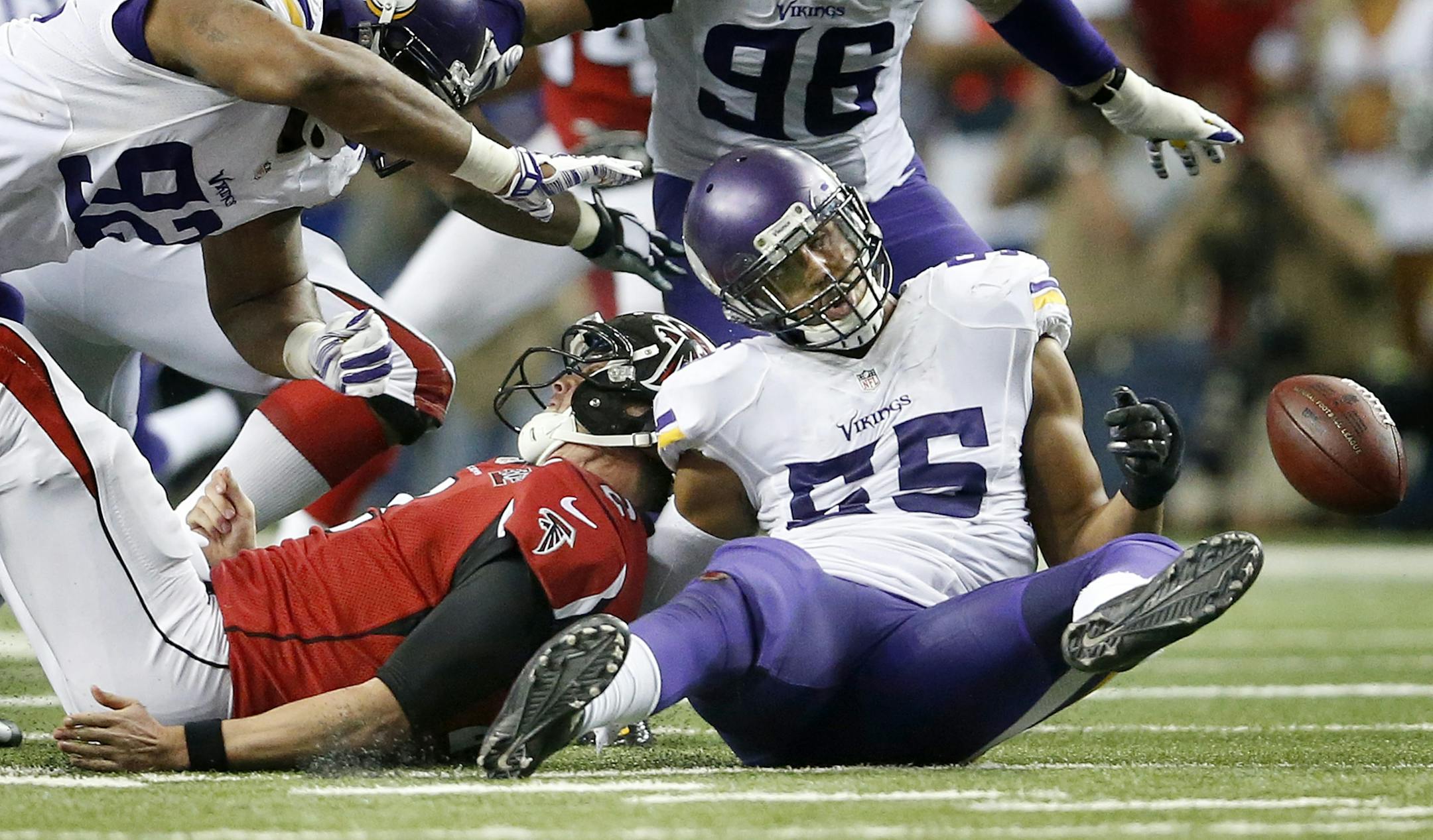 Atlanta Falcons quarterback Matt Ryan (2) fumbled the ball after being sacked by Anthony Barr (55) in the fourth quarter.