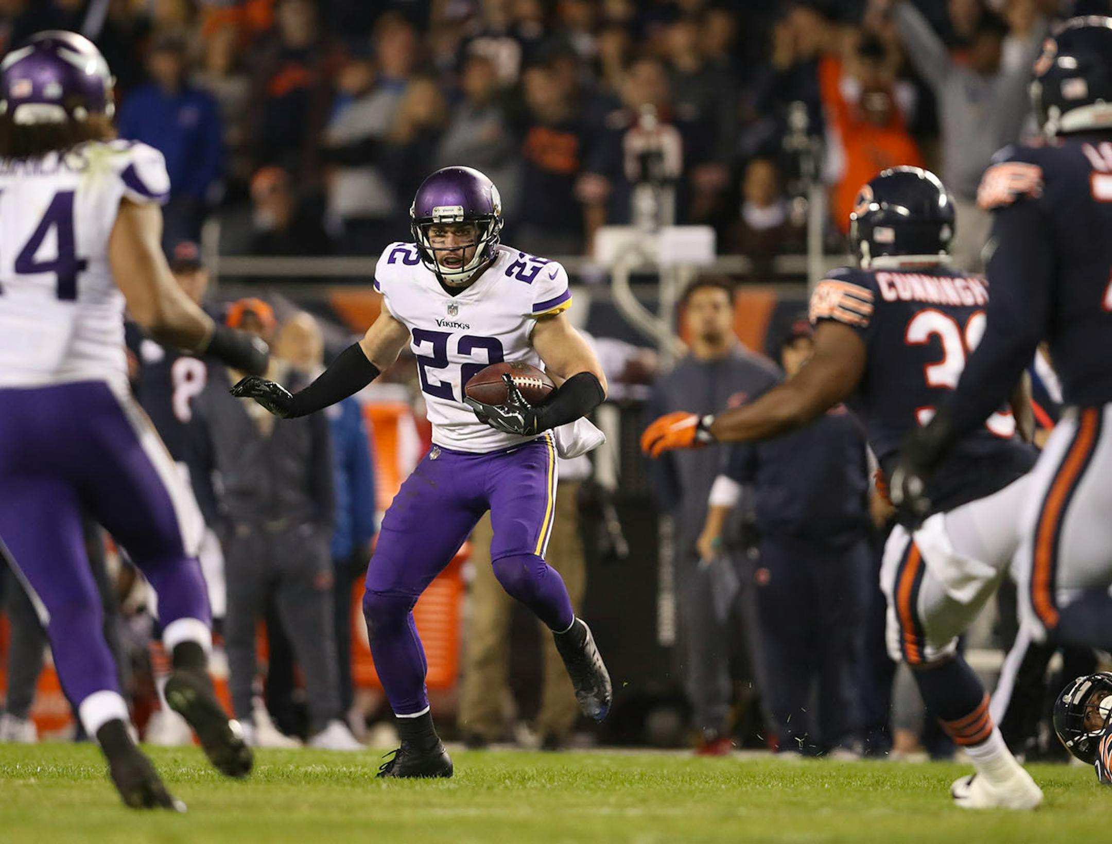 Minnesota Vikings free safety Harrison Smith (22) set up the winning touchdown after he intercepted a fourth quarter Bears' pass intended for tight end Zach Miller (86).
