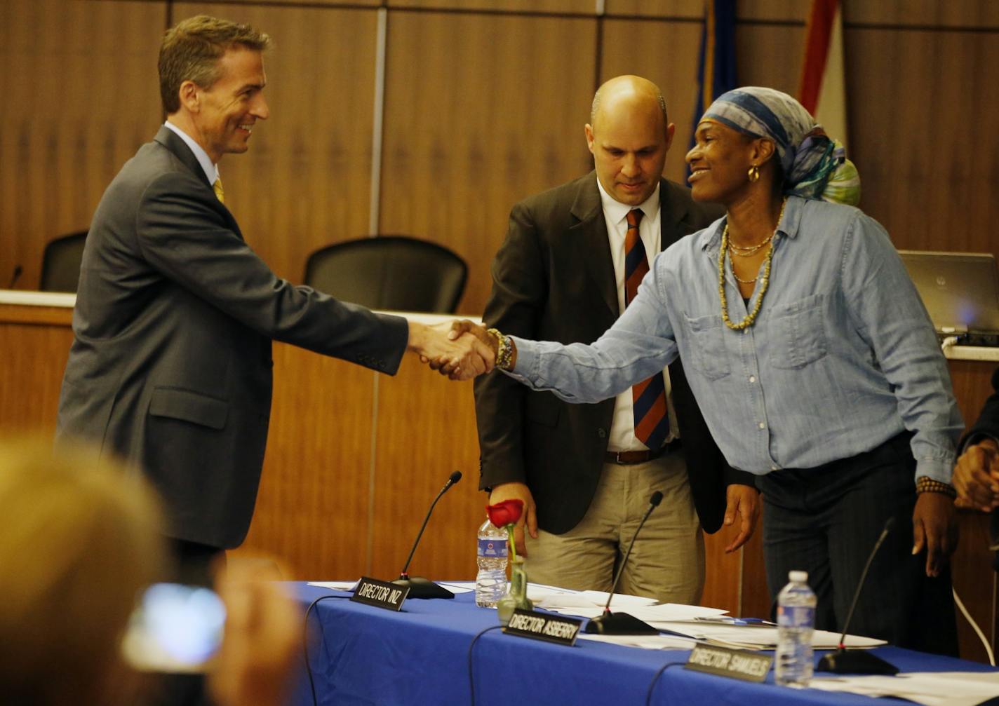 At the Minneapolis school board meeting to interview the superintendent candidate, Ed Graff thanked director Tracine Asberry after the public interview from the board.