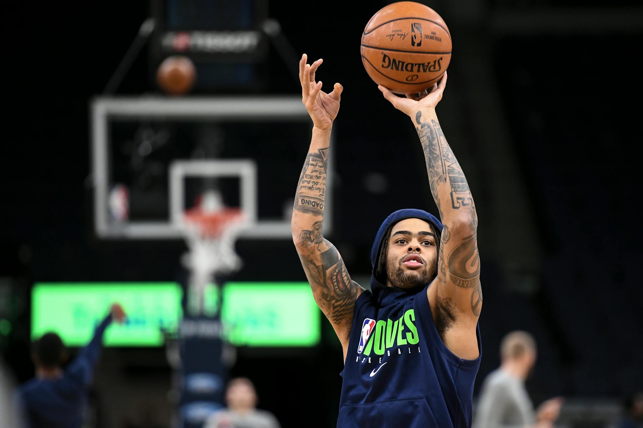 Timberwolves guard D'Angelo Russell shot around on the court before Saturday's game against the LA Clippers.